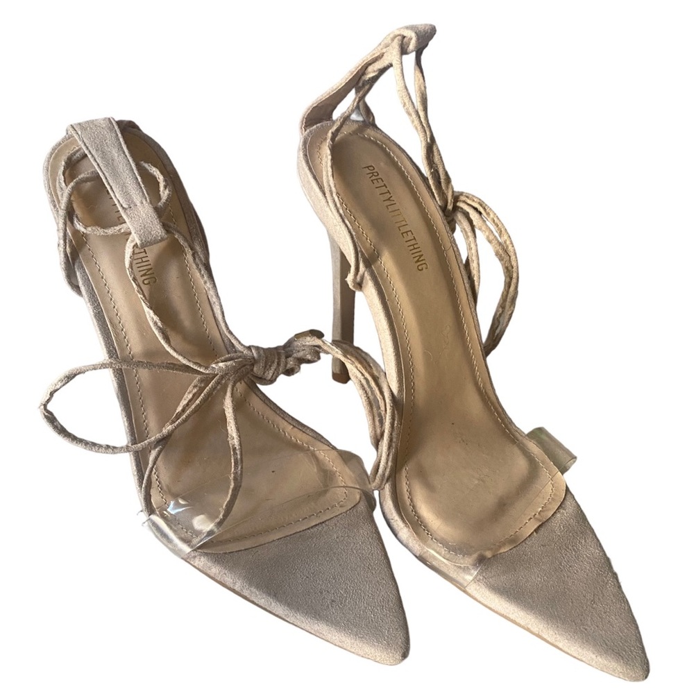 PrettyLittleThing | Beige Nude Suede Pointed Toe Open Top Lace Up Heels Size 7